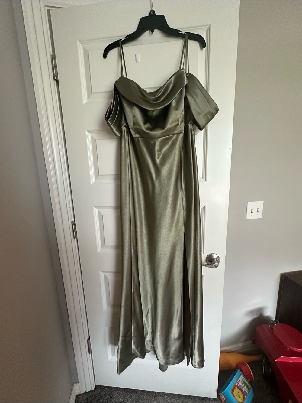 Birdy Grey Moss Green Satin Off-Shoulder Gown